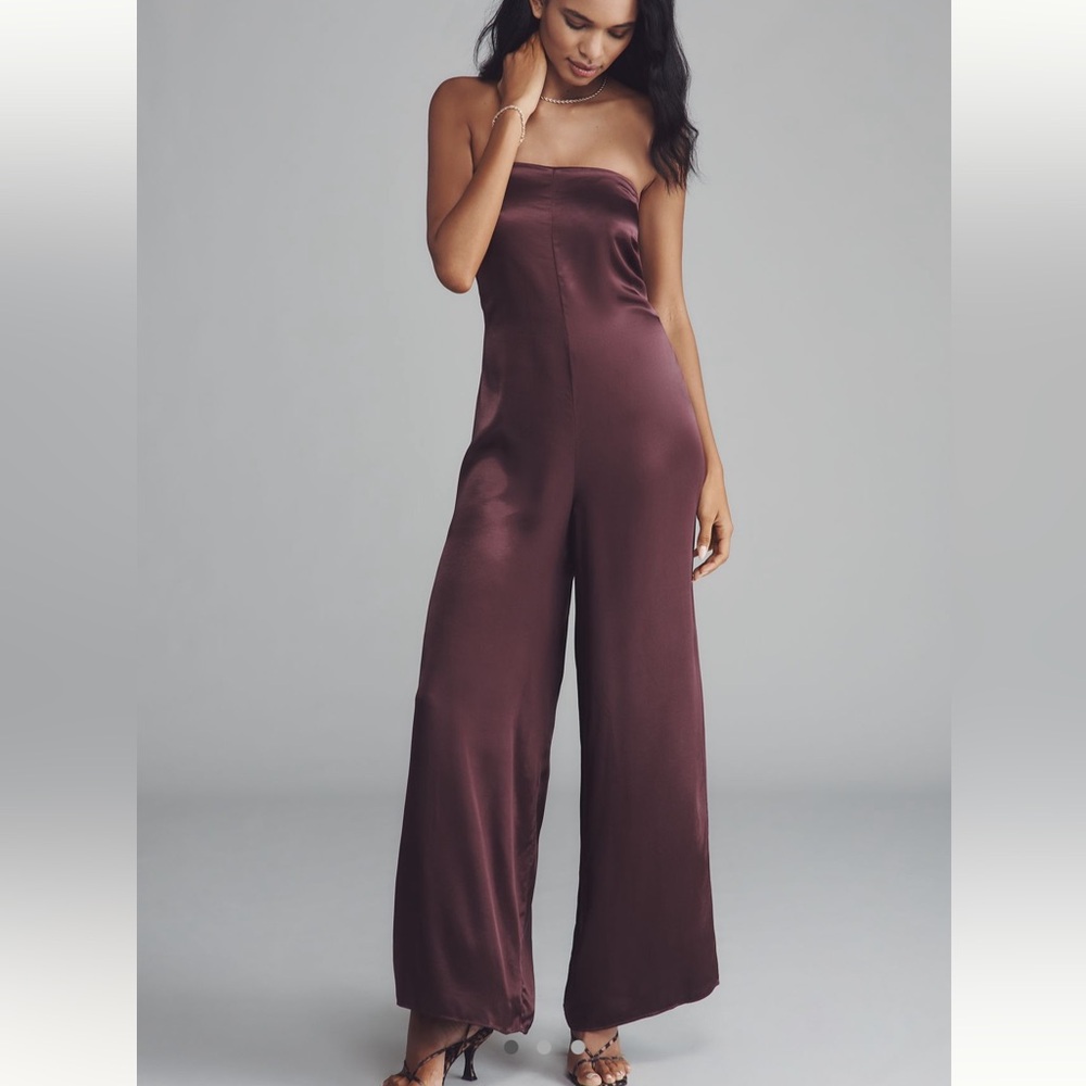 Anthropologie The Fleur Strapless Satin Wide-Leg Jumpsuit
